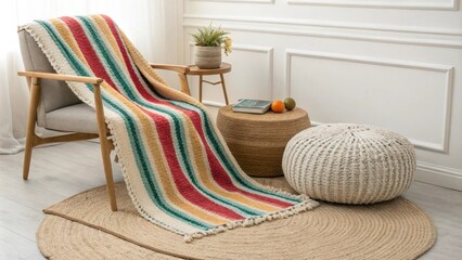 Poster - An inviting seating area showcases a vibrant striped blanket casually spread across a chair with a soft textured rug beneath and a round woven pouf positioned nearby for