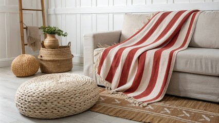 Poster - A modern interior design highlights a bold striped blanket p over a neutral loveseat accented by an inviting area rug and a handwoven pouf that adds a touch of natural