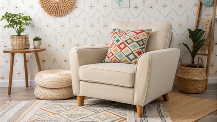 Aufkleber - The eclectic living room is anchored by a neutral armchair set against a backdrop of patterned decor with a bold geometric pillow adding visual interest and a soft inviting