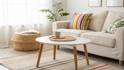 Aufkleber - A bright airy minimalist living room highlighting a soft sofa outfitted with a colorful striped cushion a simple round coffee table with clean lines and a natural woven