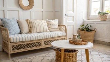 Poster - A stylish minimalist space characterized by an elegant couch with a distinctive striped cushion an unembellished coffee table that emphasizes simplicity and a charming woven