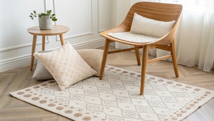 Poster - A tranquil setting adorned with a lightly patterned rug softtextured pillow and a smooth natural wooden chair creating a harmonious atmosphere.