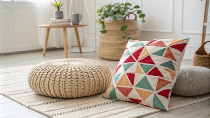 Fototapete - In an airy living space a bold geometric cushion contrasts with a simple light rug while a chunky woven pouf introduces a cozy casual element to the eclectic arrangement.