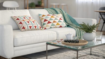 Aufkleber - A contemporary living room design featuring a white couch accented with a colorful geometric throw set before a slender glass coffee table all arranged within a calm muted