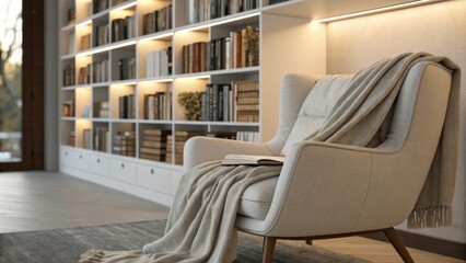 Poster - A minimalist library design featuring clean lines builtin shelves filled with literature a soft neatly arranged blanket on a contemporary chair and warm indirect lighting