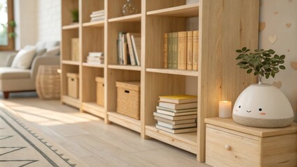 Aufkleber - A serene reading room with light wooden bookshelves showcasing a solitary stack of books complemented by gentle diffuse lighting casting soft shadows.