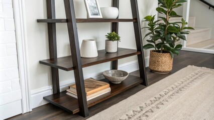 Poster - A serene interior showcasing sleek dark wooden shelves against a light backdrop highlighted by a single vibrant potted plant on the corner and a cozy neutral rug anchoring