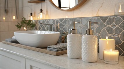 Poster - A serene bathroom scene highlighted by sleek white fixtures warm diffused light illuminating the space and an elegant gray backsplash providing a touch of sophistication.