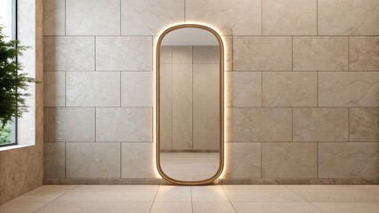 Poster - A minimalist setting showcasing a simple elongated mirror reflecting soft glows set against a backdrop of neutraltoned tiles that create a calm and inviting atmosphere.