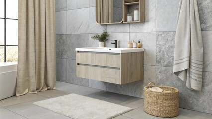 Poster - A contemporary space showcasing a wallmounted floating vanity paired with textured gray tiles on both the walls and floor accented by plush beige elements like a shower