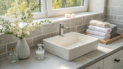 Poster - A harmonious design featuring a clean rectangular sink framed by subtle gray tiles illuminated by soft natural light evoking a sense of relaxation and calmness.