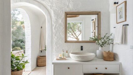 Poster - This lightfilled room is adorned with smooth white walls and a chic basin offering a fresh ambiance. The frameless mirror integrates seamlessly enhancing the overall