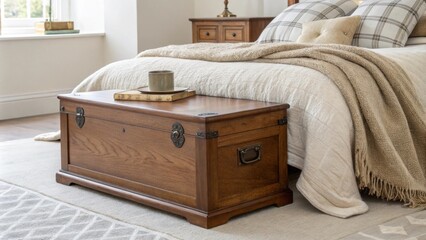 Poster - The focus is on a cozy bedroom featuring a polished wooden chest located at the foot of the bed complemented by a plush linen blanket that adds texture to the space.