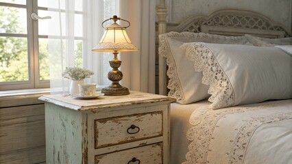 Poster - Soft morning light filters into a charming vintage bedroom highlighting a weathered nightstand topped with a small lamp while the inviting bed is dressed in smooth white