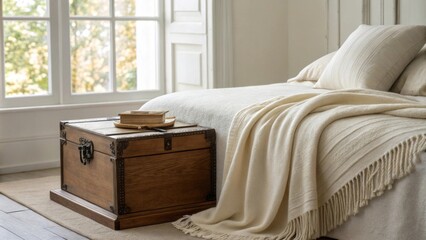 Poster - A serene bedroom scene highlighting a classic wooden chest in a corner with a luxurious linen blanket invitingly arranged on the bed enhanced by the calming influence of