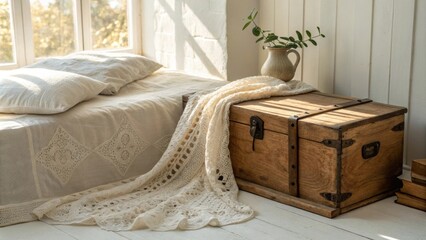 Poster - A serene sleeping space showcasing a rustic wooden chest that adds charm complemented by a soft lace throw on the bed all bathed in warm diffused sunlight.