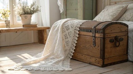 Poster - An inviting bedroom scene with a vintagestyle wooden chest accented by a white lace throw enhanced by soft rays of natural light filtering into the room.