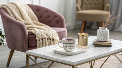 Poster - An elegant interior scene showcasing a contemporary coffee table surrounded by cozy decor including a decorative throw resting on a luxurious velvet armchair.