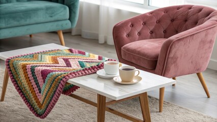 Poster - A stylish sitting area with a modern coffee table adorned with a colorful patterned throw and a sumptuous velvet armchair inviting relaxation.