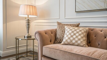Poster - An inviting velvet sofa plush and plush showcases a decorative patterned pillow accompanied by a modern metallic table lamp that reflects light creating a cozy corner in a