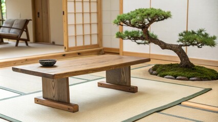 Poster - The serene setting showcases a simple wooden table resting on a lightcolored mat accompanied by a small intricately pruned bonsai tree that adds a touch of nature.