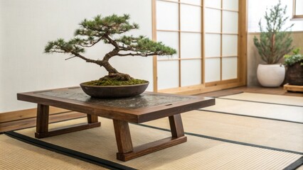 Aufkleber - In a minimalist environment a lowprofile wooden table sits on a muted mat highlighting a small bonsai tree that brings a sense of tranquility and balance to the space.