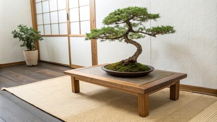 Aufkleber - A tranquil arrangement includes a low wooden table on a subtle beige mat complemented by a lovingly maintained bonsai tree that introduces an organic element.