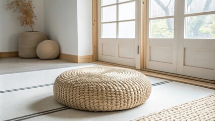 Poster - An uncluttered Zeninspired room adorned with bright white walls a round woven floor cushion in a natural tone and strategically p soft lights that enhance the peaceful