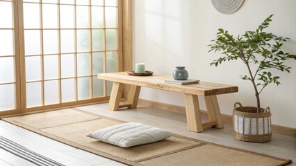 Poster - An inviting Zen space illuminated by gentle natural light showcasing a minimalist wooden bench atop a lighttoned neutral floor mat creating a sense of peace and relaxation.