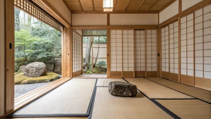 Poster - A tranquil space where a tatami mat creates a natural foundation accompanied by a beautifully crafted bamboo screen that enhances the rooms character and a single