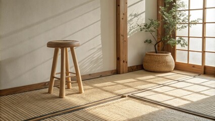 Aufkleber - A calming setting with a woven tatami mat underfoot a sleek bamboo stool set against a wall and warm natural light casting delicate shadows in the serene environment.