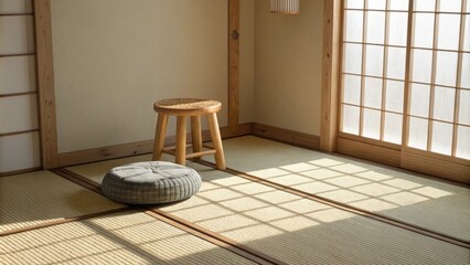 Aufkleber - A tranquil space featuring a textured tatami mat a simple bamboo stool and gentle sunlight illuminating the room creating a peaceful atmosphere.