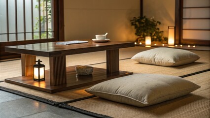 Poster - An inviting meditation area characterized by a sleek lowprofile wooden table paired with a cozy lighthued floor cushion bathed in warm subtle lighting that fosters