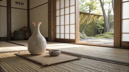 Poster - A tranquil minimalist room exudes calm with its soft natural lighting featuring a meticulously arranged woven mat and a single artfully crafted ceramic vase that adds a