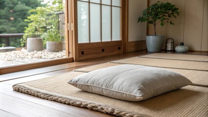 Aufkleber - A tranquil space highlighting a smooth natural wood surface and a solitary floor pillow set against a muted inviting area rug.