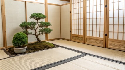 Aufkleber - An inviting space designed with neutral tones dominated by a tatami mat separated by a tasteful bamboo screen and decorated with small lush green plants that bring balance