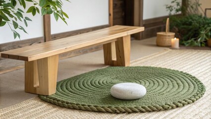 Aufkleber - An uncluttered Zen setting with a sy wooden bench resting on a lush woven rug paired with a solitary smooth stone for decorative simplicity.