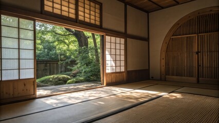 Aufkleber - A tranquil room with a traditional tatami mat illuminated by gentle natural light streaming through a window creating a peaceful atmosphere accentuated by a curved bamboo