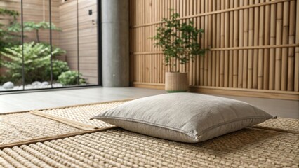 Aufkleber - A peaceful interior showcasing a textured woven mat surrounding a soft muted cushion highlighting a sleek bamboo wall that adds warmth and natural aesthetics to the Zen