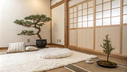 Aufkleber - An elegant space characterized by clean white walls a gentle fluffy rug providing comfort and a small bonsai in the corner enhancing the peaceful ambiance of the room.