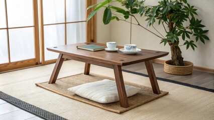 Aufkleber - The serene setting features an elegant low wooden table resting on a lighttoned mat complemented by a indoor plant that brings a hint of nature.
