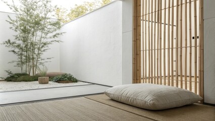 Aufkleber - A minimalist Zen area characterized by crisp white walls a neutraltoned floor cushion offering comfort and a natural bamboo screen that adds an element of privacy.