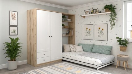 Poster - The apartments layout highlights a cozy corner with a expertly hidden Murphy bed seamlessly blending into the decor. A few potted plants add a touch of greenery while the