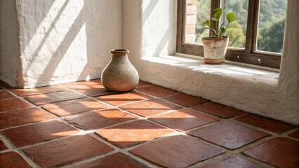 Aufkleber - A tranquil area featuring rich warm terracotta tiles underfoot complemented by a modest ceramic vase that catches the gentle rays of natural sunlight filtering in.