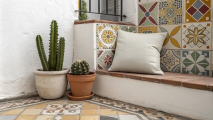 Poster - A cozy tiled courtyard with a mix of colorful tiles highlighted by a simple neutral throw pillow p on a bench alongside a decorative single cactus in a modern pot.