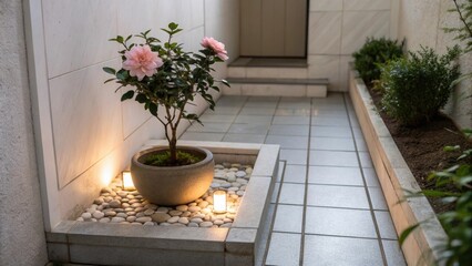 Poster - An elegant garden nook displaying minimalistic tiles underfoot featuring a modest ceramic flower pot with ambient lighting casting a gentle radiance across the serene