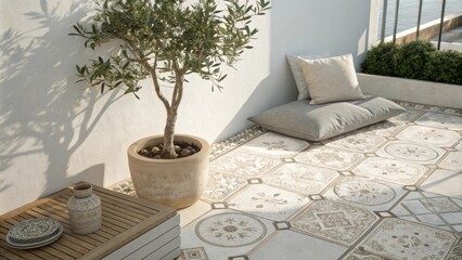 Poster - A serene terrace adorned with elegant tiles a single olive tree casting gentle shadows and a soft cushion in calming neutral tones creating a perfect nook for relaxation.