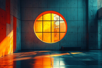 Wall Mural - Circular Window in Modern Concrete Architecture Illuminates Interior Space