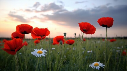 Wall Mural - Serene Sunset Over Poppy Field with Daisy Blossoms