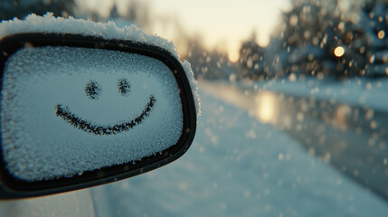 Poster - Car mirror with smiley face in snow covered winter landscape reflecting cheerful mood and frosty environment